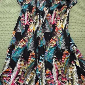 Black Mid-calf Duster Multicolor Feather Print